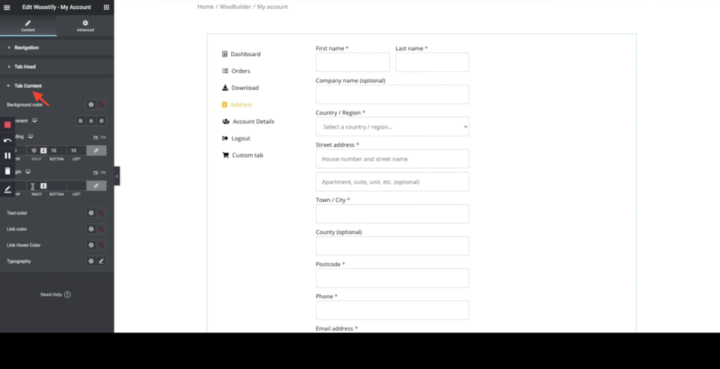 customize my account page woocommerce elementor
