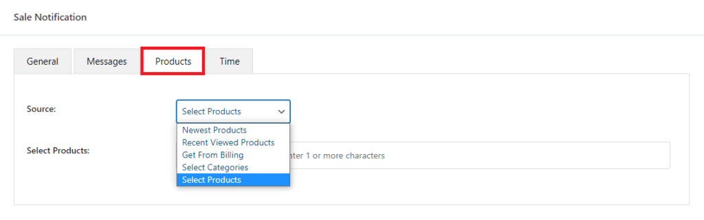 recent sales notification popup WordPress - select products