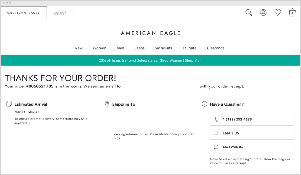 American Eagle eCommerce thank you page